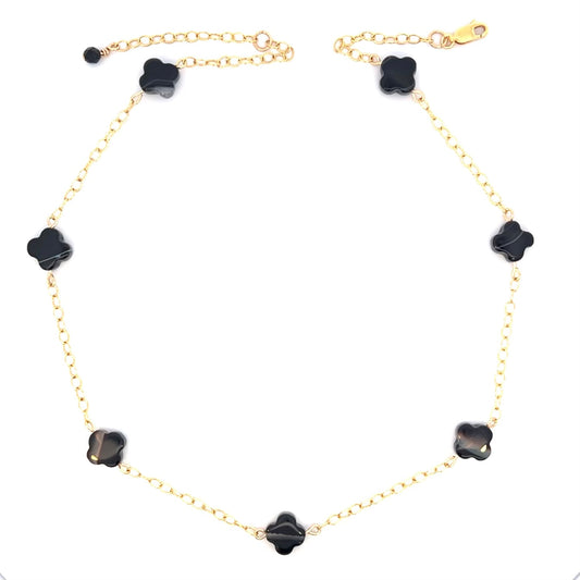 Lucky Clover Black Agate Four Leaf Clovers and Onyx Gemstone Choker Necklace 14k GF