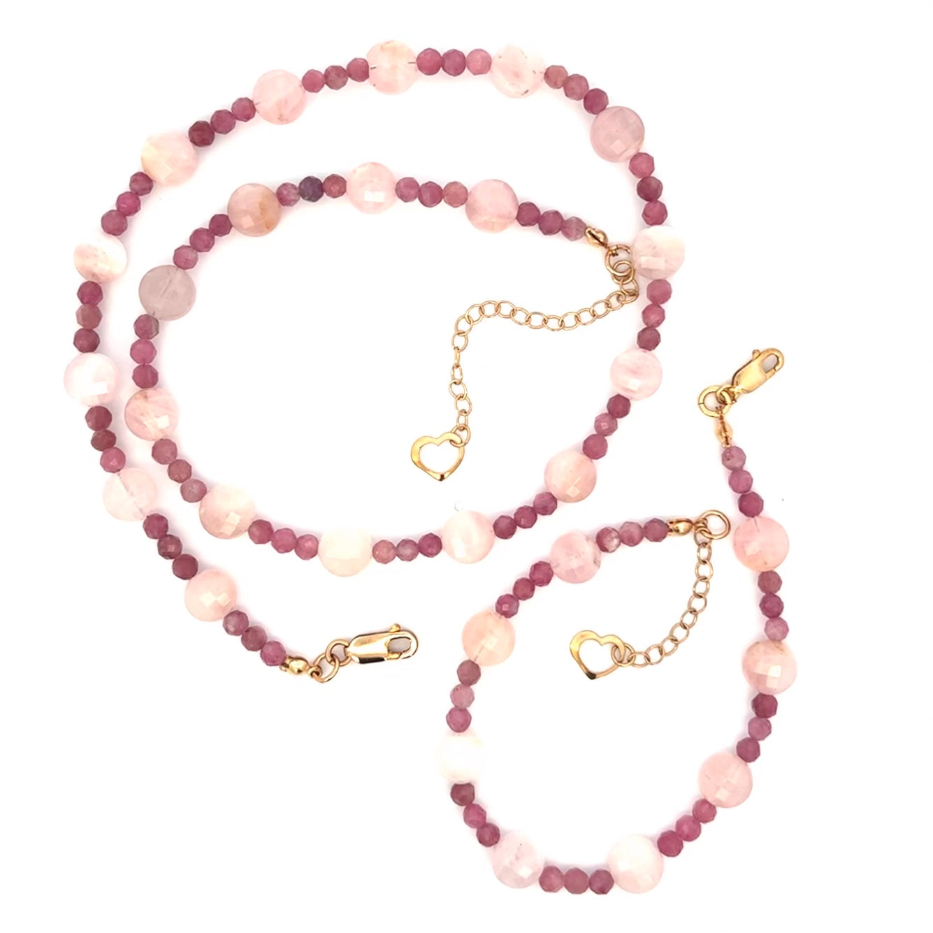 Madagascar Rose Quartz And Pink Tourmaline Necklace and Bracelet Set 14k GF Heart Charms