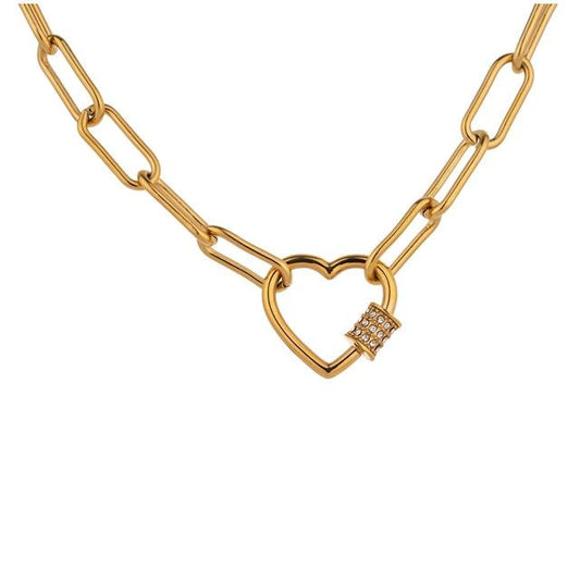 Heart Link Paperclip Necklace Gold