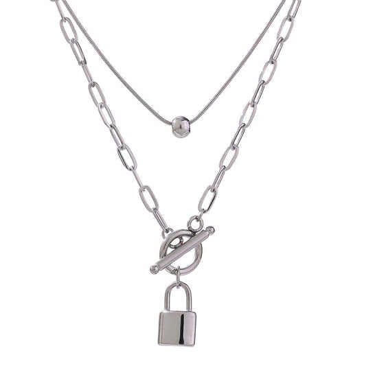 Layered Padlock Toggle Necklaces Silver