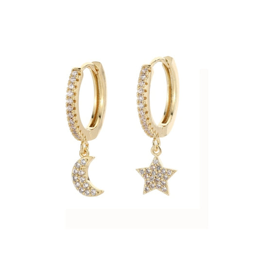 Mini Huggie Hoops Dangle Earrings Star and Moon Gold or Silver