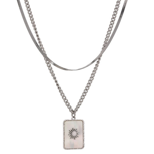 Mother of Pearl Sun Pendant Layered Necklace Silver