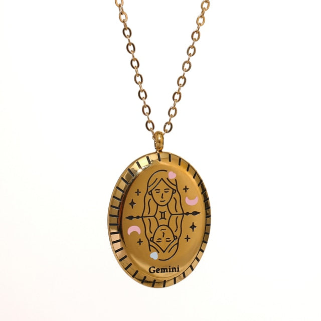Zodiac Oval Pendant Necklace Gold