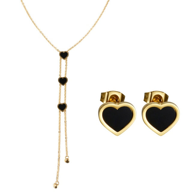 Triple Heart Lariat Y Necklace and Earrings Set Gold or Silver
